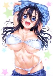 Rule 34 | 10s, 1girl, bandeau, bikini, black hair, blue eyes, bra, breasts, cleavage, clothes lift, clothes pull, cowboy shot, gluteal fold, hair between eyes, highres, hisasi, huge breasts, long hair, looking at viewer, netoge no yome wa onna no ko janai to omotta?, open mouth, panties, scan, skirt, skirt lift, smile, solo, standing, sweat, swimsuit, tamaki ako, toned, underboob, underwear, undressing, white bikini