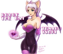 Rule 34 | 1girl, ahoge, animal ears, arm behind back, bare shoulders, bodysuit, breasts, chaos emerald, cleavage, collarbone, earrings, gem, gloves, green eyes, holding, holding gem, jewelry, large breasts, lips, looking at viewer, neck, open mouth, personification, rouge the bat, sega, short hair, smile, sonic (series), standing, strapless, tenjou tsuki, white background, white hair, wings