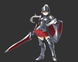Rule 34 | 1girl, armor, black background, blue eyes, boots, breastplate, commentary, female knight, full body, gauntlets, hair between eyes, highres, holding, holding shield, holding sword, holding weapon, knight, long hair, looking at viewer, original, pleated skirt, ponytail, red skirt, ronapan22 (baekillmong), shield, simple background, skirt, solo, sword, thigh boots, thighhighs, weapon, white background