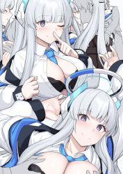 Rule 34 | 1boy, 1girl, black bra, black pantyhose, blue archive, blue necktie, bra, breasts, cleavage, closed mouth, collared shirt, grabbing, grabbing another&#039;s breast, grey hair, halo, jacket, large breasts, long hair, long sleeves, mechanical halo, multiple views, necktie, noa (blue archive), one eye closed, pantyhose, purple eyes, shirt, shiseki hirame, simple background, smile, two-sided fabric, two-sided jacket, underwear, white background, white jacket, white shirt