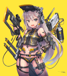 Rule 34 | 1girl, :d, barcode, barcode tattoo, commentary request, fingerless gloves, gia, gloves, gun, headset, highres, holding, holding gun, holding weapon, long hair, looking at viewer, navel, open mouth, orange eyes, original, platinum blonde hair, pouch, science fiction, see-through, see-through shirt, see-through sleeves, sheath, sheathed, signature, smile, solo, sword, tattoo, thigh pouch, trigger discipline, weapon, yellow background