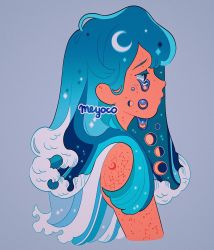 Rule 34 | 1girl, artist name, blue hair, constellation, crescent moon, cropped torso, crying, crying with eyes open, full moon, gibbous moon, grey background, half moon, highres, liquid, liquid hair, long hair, meyoco, moon, moon phases, original, profile, simple background, solo, sparkle, star (sky), tears