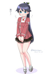Rule 34 | 1girl, black hair, black skirt, blue eyes, commentary request, cosplay, dated, full body, high ponytail, houshou (kancolle), japanese clothes, kantai collection, kariginu, long hair, masara (chuujou), pleated skirt, ponytail, red shirt, ryuujou (kancolle), ryuujou (kancolle) (cosplay), shirt, simple background, skirt, solo, translation request, twitter username, v arms, white background