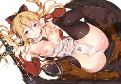 Rule 34 | 10s, 1girl, ass, black thighhighs, blonde hair, unworn boot, boots, unworn boots, breasts, brown footwear, cleavage, detached collar, detached sleeves, feet, granblue fantasy, hair ribbon, high heels, knee boots, knees to chest, long hair, looking at viewer, lying, nipples, no bra, on back, panties, red eyes, ribbon, shiny skin, shoes, simple background, single boot, single shoe, smile, solo, spread legs, sword, tachibana yuu, thighhighs, underwear, vira (granblue fantasy), weapon, white background, white panties