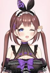 Rule 34 | 1girl, ayamy, ayamy (vtuber), bare shoulders, black dress, blue eyes, blunt bangs, blush, bow, breasts, brown hair, cat hair ornament, collared dress, commentary, dress, hair bow, hair ornament, indie virtual youtuber, looking at viewer, medium breasts, off-shoulder dress, off shoulder, one eye closed, open mouth, pink background, short sleeves, sidelocks, simple background, solo, symbol-only commentary, twintails, virtual youtuber, x hair ornament