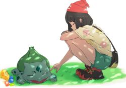 Rule 34 | 1girl, bag, beanie, berry (pokemon), black hair, bracelet, bulbasaur, closed eyes, closed mouth, commentary request, creatures (company), floral print, game freak, gen 1 pokemon, grass, green shorts, hat, highres, jewelry, manokena, medium hair, nintendo, pokemon, pokemon (creature), pokemon sm, poking, red headwear, selene (pokemon), shirt, shoes, short shorts, short sleeves, shorts, smile, squatting, z-ring