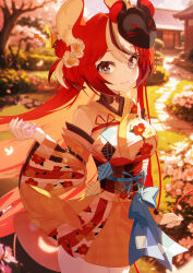Rule 34 | 1girl, absurdres, animal ear fluff, animal ears, architecture, black hair, blue bow, blue eyes, bow, breasts, cherry blossoms, day, detached sleeves, east asian architecture, falling petals, floral print, flower, hair bun, hair flower, hair ornament, hakos baelz, hakos baelz (new year), highres, holding, holding flower, hololive, hololive english, japanese clothes, jiang ye kiri, kimono, large breasts, long hair, looking at viewer, mask, mask on head, mouse ears, mouse girl, mouse mask, mouse tail, multicolored clothes, multicolored hair, multicolored kimono, multicolored sleeves, obi, outdoors, petals, pink flower, print kimono, red hair, sash, smile, solo, streaked hair, sunlight, tail, tree, virtual youtuber, white flower, white hair