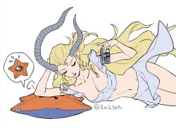 Rule 34 | 1girl, blonde hair, breasts, can, cleavage, closed eyes, closed mouth, crop top, decarabia, drill hair, drill sidelocks, flying sweatdrops, grey horns, grey skirt, holding, holding can, horns, ishtar (megami tensei), large breasts, long hair, long horns, lying, on side, pointy ears, shin megami tensei, sidelocks, simple background, skirt, star (symbol), strong zero, very long hair, white background, za210n