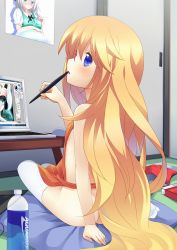 Rule 34 | 1girl, apron, blonde hair, blue eyes, blush, borrowed character, bottle, casual nudity, character request, computer, desk, female focus, from behind, green eyes, hairband, heterochromia, highres, hitodama, keyboard (computer), konpaku youmu, konpaku youmu (ghost), laptop, long hair, mouse (computer), naked apron, nigo (aozoragarou), no shoes, nude in front of computer, original, pillow, poster (medium), poster (object), purple eyes, short hair, silver hair, sitting, solo, stylus, thighhighs, touhou, very long hair, water, water bottle, white thighhighs