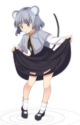 Rule 34 | 1girl, animal ears, blush, capelet, clothes lift, dress, dress lift, full body, grey eyes, grey hair, jewelry, jpeg artifacts, long sleeves, looking down, mary janes, mouse ears, mouse tail, nazrin, necklace, oimo (imoyoukan), shoes, short hair, shorts, simple background, socks, solo, tail, touhou, white background, white socks