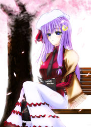 Rule 34 | 1girl, alternate costume, bench, blue eyes, book, cherry blossoms, contemporary, crescent, crescent hair ornament, crescent moon, dress, female focus, frills, hair ornament, hat, hat ribbon, hazuki kasane, highres, long hair, moon, patchouli knowledge, perfect cherry blossom, petals, purple hair, ribbon, scarf, sitting, solo, touhou, tree