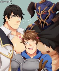 Rule 34 | ..., 3boys, adam (granblue fantasy), armor, artist name, bara, bare pectorals, between pecs, between pectorals, black hair, blouse, blue hoodie, blush, brown gloves, brown hair, chest armor, closed mouth, coat, collared shirt, draph, face to pecs, gloves, gran (granblue fantasy), granblue fantasy, head between pecs, helmet, hood, hood down, hoodie, kaiki (osuppai), large pectorals, looking at another, male focus, multiple boys, muscular, muscular male, nipples, open clothes, open coat, open mouth, open shirt, pectorals, shirt, short hair, smile, upper body, v, vaseraga, white coat, white shirt, yaoi