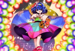 Rule 34 | 1girl, :d, arm above head, bad id, bad pixiv id, blue eyes, blue hair, blurry, bright pupils, cape, danmaku, depth of field, dress, feet out of frame, hairband, highres, index finger raised, multicolored clothes, multicolored dress, open mouth, rainbow gradient, short hair, smile, solo, tenkyuu chimata, touhou, translation request, yuka yukiusa