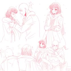 Rule 34 | 1boy, 1girl, blush, couple, date, dating, doodle, flustered, fubuki (one-punch man), highres, hood, hoodie, nervous, nervous sweating, one-punch man, outdoors, pants, saitama (one-punch man), scarf, short hair, shy, sitting, sweat, winter, winter clothes