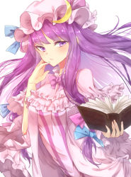 Rule 34 | 1girl, blue bow, blunt bangs, book, bow, bowtie, capelet, commentary, crescent, crescent hair ornament, hair bow, hair ornament, hat, holding, holding book, konnyaku (yuukachan 51), long hair, looking at viewer, mob cap, patchouli knowledge, pink hat, purple bow, purple bowtie, purple eyes, purple hair, sidelocks, simple background, solo, touhou, upper body, white background