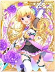 Rule 34 | 10s, arm up, battle girl high school, blonde hair, breasts, curly hair, flower, gloves, hair ornament, highres, long hair, looking at viewer, navel, official art, open mouth, petals, purple eyes, sendoin kaede, small breasts, solo, thighhighs, weapon