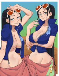 Rule 34 | 2girls, absurdres, arm above head, arm under breasts, artist name, black hair, blush, breast hold, breasts, cleavage, clone, green eyes, hana hana no mi, highres, large breasts, lipstick, long hair, makeup, midriff, multiple girls, navel, nico robin, no bra, one piece, open clothes, parted lips, sarong, smile, sunglasses on head, unzipped