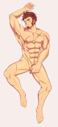 Rule 34 | 1boy, abs, bara, blue eyes, blush, brown hair, covering privates, covering crotch, facial hair, fate/grand order, fate (series), goatee, highres, jacket, large pectorals, long sideburns, looking at viewer, male focus, male pubic hair, muscular, napoleon bonaparte (fate), nipples, nude, pectorals, penis, penis peek, pubic hair, saru se~tsumane, scar, sideburns, simple background, smile, solo, uncensored