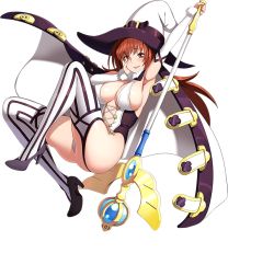 Rule 34 | 1girl, armpits, ass, blush, boots, breasts, brown hair, cape, cleavage, cloris (sennen sensou aigis), elbow gloves, full body, hat, high heels, holding, large breasts, legs, leotard, long hair, looking at viewer, nail polish, parted lips, red eyes, red nails, sennen sensou aigis, smile, solo, staff, thigh boots, thighhighs, thighs, transparent background, weapon, white background, witch hat