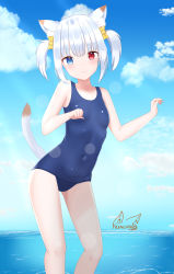 Rule 34 | 1girl, absurdres, animal ear fluff, animal ears, arisugawa etona, artist logo, bare arms, bare legs, bare shoulders, blue eyes, blue one-piece swimsuit, blush, breasts, cat ears, cat tail, closed mouth, cloud, cloudy sky, collarbone, covered navel, facing viewer, frenchi yuzuriha, hair ribbon, heterochromia, highres, indie virtual youtuber, looking at viewer, ocean, old school swimsuit, one-piece swimsuit, paw pose, red eyes, ribbon, school swimsuit, short hair, signature, sky, small breasts, smile, stomach, swimsuit, tail, tail raised, two side up, virtual youtuber, water, white hair, yellow ribbon