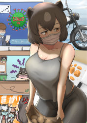 Rule 34 | 1boy, 3girls, animal ears, bag, bare shoulders, bear ears, bear girl, breasts, brown bear (kemono friends), brown eyes, carrot, cleavage, coat, comic, contemporary, coronavirus pandemic, covering own mouth, curvy, cutting board, denim, eurasian eagle owl (kemono friends), food, grey coat, grey hair, hair between eyes, head wings, highres, jeans, john (a2556349), kemono friends, large breasts, mask, motor vehicle, motorcycle, mouth mask, multiple girls, narrow waist, northern white-faced owl (kemono friends), owl ears, pants, potato, silent comic, solo focus, surgical mask, thick thighs, thighs, wide hips, wings