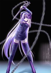 Rule 34 | 00s, 1girl, armpits, arms up, blindfold, cait aron, chain, dress, fate/stay night, fate (series), long hair, medusa (fate), medusa (rider) (fate), nameless dagger (fate), non-web source, solo, strapless, strapless dress, thighhighs, very long hair, weapon, zettai ryouiki