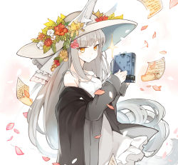 Rule 34 | 1girl, animal ears, bare shoulders, book, closed mouth, collarbone, commentary request, dress, ears through headwear, flower, fox ears, grey jacket, hat, holding, holding book, jacket, long hair, long sleeves, mitu yang, orange eyes, original, paper, petals, red flower, silver hair, sleeveless, sleeveless dress, sleeves past wrists, solo, sparkle, strap slip, very long hair, white dress, white flower, white hat, yellow flower