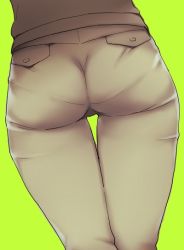 Rule 34 | 1girl, ass, ass focus, beige pants, black shirt, duke (inu daimyou), from behind, green background, head out of frame, pantylines, pocket, shirt, simple background, solo, thigh gap
