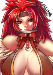 Rule 34 | 1girl, bare shoulders, breasts, cleavage, headband, highres, large breasts, long hair, queen&#039;s blade, red eyes, red hair, risty (queen&#039;s blade), smile, solo
