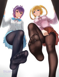 Rule 34 | 2girls, aoba kurage, black pantyhose, blonde hair, blue eyes, blush, feet, highres, long hair, looking at viewer, mia christoph, multiple girls, open mouth, pantyhose, parted lips, ponytail, purple hair, red eyes, soles, temple (series), toes, twintails