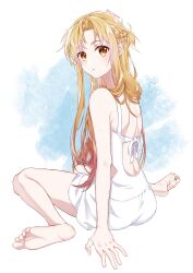 Rule 34 | 1girl, absurdres, asuna (sao), bare arms, bare back, bare legs, barefoot, brown eyes, brown hair, dress, feet, highres, istriri, legs, long hair, looking at viewer, no bra, open mouth, pajamas, simple background, skirt, soles, sword art online, toenails, toes, white dress, white pajamas, white skirt