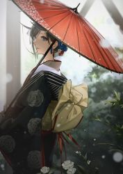 Rule 34 | 1girl, black hair, black kimono, blue eyes, blue hair, chain, cowboy shot, day, earrings, eyelashes, floral print, flower, from side, hair flower, hair ornament, highres, holding, holding umbrella, horn ornament, horns, japanese clothes, jewelry, kimono, lace, lace veil, layered clothes, layered kimono, lipstick, long sleeves, looking to the side, makeup, motion blur, nature, obi, oekaki taro, oil-paper umbrella, oni horns, original, parted lips, plant, print kimono, red flower, red lips, red ribbon, red rose, red umbrella, ribbon, rose, sash, sideways glance, smile, snow, snowing, solo, tassel, tassel earrings, umbrella, updo, veil, white flower, white legwear, white rose, wide sleeves, winter