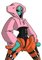 Rule 34 | 1other, absurdres, alien, aqua skin, clothed pokemon, colored skin, creatures (company), cropped hoodie, deoxys, deoxys (normal), drawfag, game freak, garter straps, gen 3 pokemon, hands on own hips, highres, hood, hoodie, looking to the side, mythical pokemon, nintendo, no humans, orange skin, pokemon, pokemon (creature), simple background, tentacles, thighhighs, white background