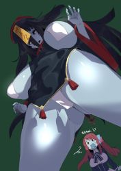 Rule 34 | 10s, 2girls, blue skin, bow, breasts, colored skin, ettone, from below, green background, hair bow, highres, jiangshi, large breasts, long hair, minamoto sakura, multiple girls, red hair, sagging breasts, shadow, simple background, standing, tagme, yamada tae, zombie, zombie land saga