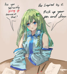 Rule 34 | 1girl, blue eyes, blush, commentary, detached sleeves, drawing (object), english commentary, english text, frog hair ornament, green hair, hair ornament, hair tubes, highres, kochiya sanae, long hair, looking at viewer, meme, open mouth, retro games sanae (meme), sidelocks, simple background, solo, speech bubble, touhou, vanilla flan, wide sleeves