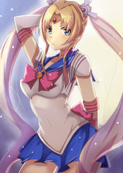 Rule 34 | 1girl, :&lt;, arm behind back, arm behind head, bad id, bad pixiv id, bishoujo senshi sailor moon, blonde hair, blue eyes, blue sailor collar, blue skirt, bow, elbow gloves, gloves, long hair, looking at viewer, miniskirt, parted bangs, pleated skirt, red bow, sailor collar, sailor moon, school uniform, serafuku, shirt, skirt, solo, tiara, tight clothes, tight shirt, tsukino usagi, twintails, very long hair, vococo, white gloves, white shirt