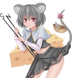 Rule 34 | 1girl, amane hasuhito, animal ears, bad id, bad pixiv id, basket, bow, cheese, female focus, food, grey hair, jewelry, mouse (animal), mouse ears, mouse tail, nazrin, pendant, red eyes, short hair, skirt, solo, tail, touhou, transparent background