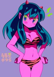 Rule 34 | 1girl, animal print, bikini, blue eyes, blush stickers, breasts, cleavage, closed mouth, collarbone, cone horns, green eyes, hair between eyes, hands on own hips, highres, horns, large breasts, lightning bolt symbol, long hair, lum, menma (enaic31), navel, pointy ears, pout, purple background, solo, swimsuit, tiger print, urusei yatsura, yellow bikini, yellow horns