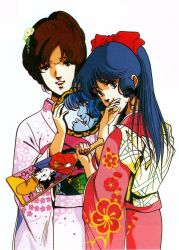 Rule 34 | 1980s (style), 2girls, blue eyes, blue hair, brown hair, floral print, flower, hair flower, hair ornament, hand to own mouth, hayase misa, highres, holding, japanese clothes, kimono, long hair, long sleeves, looking at viewer, lynn minmay, macross, mikimoto haruhiko, multiple girls, official art, retro artstyle, ponytail, retro artstyle, scan, simple background, updo, white background