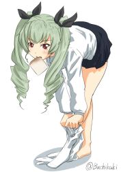 Rule 34 | 10s, 1girl, anchovy (girls und panzer), anzio school uniform, belt, bent over, black belt, black ribbon, black skirt, bread slice, buchikaki, clothes pull, commentary, dress shirt, dressing, drill hair, food, food in mouth, full body, girls und panzer, green hair, hair ribbon, highres, long hair, long sleeves, looking at viewer, miniskirt, mouth hold, one-hour drawing challenge, pantyhose, pantyhose pull, pleated skirt, pulling own clothes, red eyes, ribbon, school uniform, shirt, simple background, skirt, solo, standing, toast, toast in mouth, twin drills, twintails, twitter username, white background, white pantyhose, white shirt