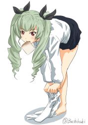 10s 1girl anchovy_(girls_und_panzer) anzio_school_uniform belt bent_over black_belt black_ribbon black_skirt bread_slice buchikaki clothes_pull commentary dress_shirt dressing drill_hair food food_in_mouth full_body girls_und_panzer green_hair hair_ribbon highres long_hair long_sleeves looking_at_viewer miniskirt mouth_hold one-hour_drawing_challenge pantyhose pantyhose_pull pleated_skirt pulling_own_clothes red_eyes ribbon school_uniform shirt simple_background skirt solo standing toast toast_in_mouth twin_drills twintails twitter_username white_background white_pantyhose white_shirt