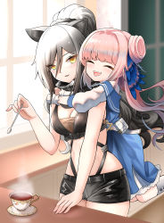 Rule 34 | 2girls, :d, ^ ^, absurdres, aged down, animal ear fluff, animal ears, arknights, bare arms, bare shoulders, black scarf, black shorts, blue dress, blue feathers, blush, breasts, cat ears, ceylon (arknights), cleavage, closed eyes, commentary request, cowboy shot, crop top, cup, dress, feather hair, feathers, glomp, hair between eyes, hand up, highres, holding, holding spoon, hug, indoors, long hair, long sleeves, looking at viewer, medium breasts, midriff, multiple girls, no headwear, open mouth, parted lips, petticoat, pink hair, scarf, schwarz (arknights), short shorts, shorts, silver hair, sleeveless, smile, spoon, standing, steam, stomach, teacup, yellow eyes, yuri, zhihe box