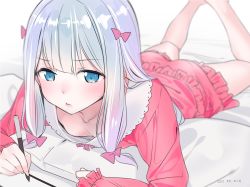 Rule 34 | 10s, 1girl, ama mitsuki, ass, barefoot, blue eyes, blush, bow, breasts, closed mouth, commentary request, downblouse, drawing tablet, eromanga sensei, feet up, hair bow, holding, izumi sagiri, long hair, looking at viewer, low-tied long hair, lying, no bra, on bed, on stomach, pajamas, pink bow, pink pajamas, pink shorts, shorts, silver hair, small breasts, solo, stylus