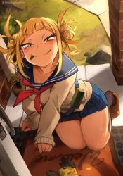 Rule 34 | 1girl, absurdres, all fours, bird, black legwear, blonde hair, blue sailor collar, blunt bangs, blush, boku no hero academia, brown footwear, cardigan, clenched hands, commentary, door, doormat, doorway, double bun, english commentary, eyelashes, feathers, from above, grass, grin, hair bun, highres, khyle., loafers, long sleeves, looking at viewer, looking up, mouth hold, neckerchief, path, plant, potted plant, red neckerchief, road, sailor collar, shoes, sidewalk, sleeves past wrists, smile, solo, thighs, toga himiko, yellow cardigan, yellow eyes