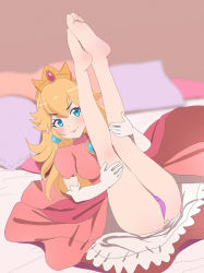 Rule 34 | 1girl, aruman, barefoot, bed, bed sheet, blonde hair, blue eyes, brooch, closed mouth, clothes lift, crown, dot nose, dress, dress lift, earrings, elbow gloves, feet, feet up, female focus, full body, gloves, highres, jewelry, legs up, long hair, looking at viewer, lying, mario (series), nintendo, on back, on bed, panties, pillow, pink dress, princess peach, purple panties, shiny skin, short sleeves, smile, soles, super mario bros. 1, toes, underwear, white gloves