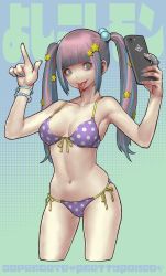 Rule 34 | 1girl, bikini, blue nails, bracelet, cellphone, character request, collaboration, cowboy shot, cropped legs, daichan mona, fingernails, front-tie bikini top, front-tie top, green eyes, hair bobbles, hair ornament, heart, highres, holding, holding phone, jewelry, long hair, multicolored hair, nail polish, navel, phone, piercing, pink hair, polka dot, polka dot background, purple hair, selfie, side-tie bikini bottom, smartphone, solo, star (symbol), swimsuit, tagme, tongue, tongue piercing, twintails