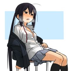 Rule 34 | 1girl, black hair, blazer, blush, brown eyes, collarbone, heavy breathing, hot, iefukurou, jacket, k-on!, kneehighs, long hair, nakano azusa, open clothes, open mouth, open shirt, revision, school uniform, see-through, shirt, sitting, skirt, socks, solo, sweat, teeth, twintails, water, wet, wet clothes