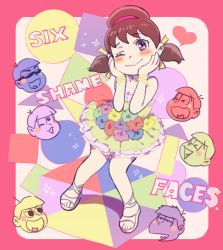 Rule 34 | 10s, 1girl, ;), bracelet, brown hair, dress, hair ribbon, hairband, hands on own face, jewelry, matsuno choromatsu, matsuno ichimatsu, matsuno jyushimatsu, matsuno karamatsu, matsuno osomatsu, matsuno todomatsu, odecokun (meshi), one eye closed, osomatsu-kun, osomatsu-san, osomatsu (series), ribbon, sandals, sextuplets, short twintails, six shame faces, smile, solo focus, twintails, yowai totoko