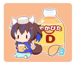 Rule 34 | 1girl, barefoot, blue hair, blue pants, blue shirt, bottle, brown background, brown hair, chibi, cup, daitaku helios (umamusume), drinking glass, gomashio (goma feet), hair between eyes, hair ornament, hairclip, holding, holding cup, multicolored hair, on head, pants, shirt, short sleeves, side ponytail, simple background, sitting, soles, solo, star (symbol), star hair ornament, streaked hair, translation request, umamusume, wide sleeves