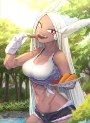 Rule 34 | 1girl, animal ears, bare shoulders, boku no hero academia, breasts, carrot, cleavage, collarbone, cutoffs, dark-skinned female, dark skin, denim, denim shorts, eating, food, food in mouth, gloves, hiromago, holding, holding food, holding plate, holding skewer, large breasts, long eyelashes, long hair, looking at viewer, midriff, mirko, navel, open mouth, outdoors, parted bangs, plate, rabbit ears, rabbit girl, rabbit tail, red eyes, shirt, short shorts, shorts, skewer, smile, solo, stomach, tail, tank top, tied shirt, toned, tree, very long hair, white gloves, white hair, white tank top